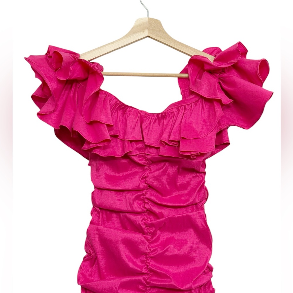 NWT Lovers + Friends Nikolina Ruffles Off-Shoulder Ruched Dress in Magenta Sz S - Picture 12 of 15